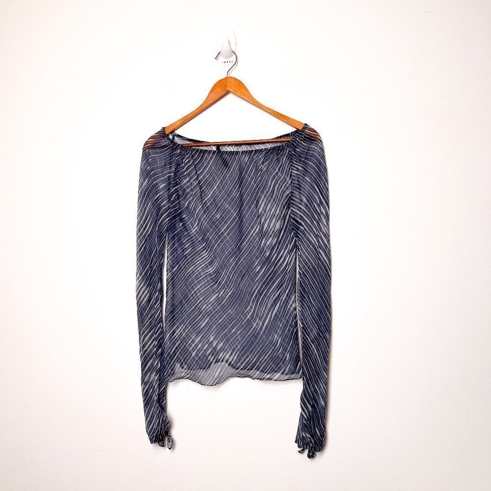 Tahari Sheer 100% Silk Y2K Long Sleeve Blue Blouse Top